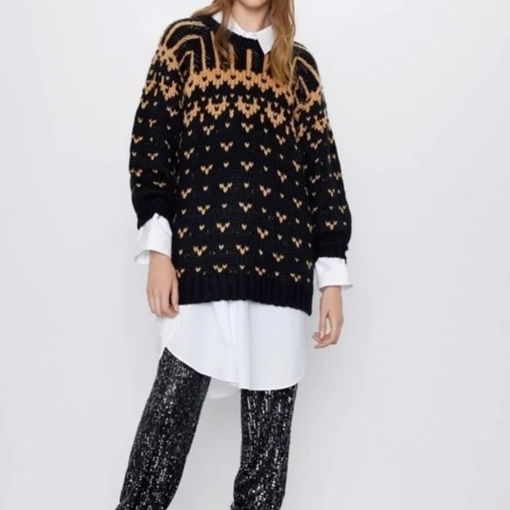 ZARA Limited Edition Beaded Jacquard Sweater Black Brown Oversized Chunky Small